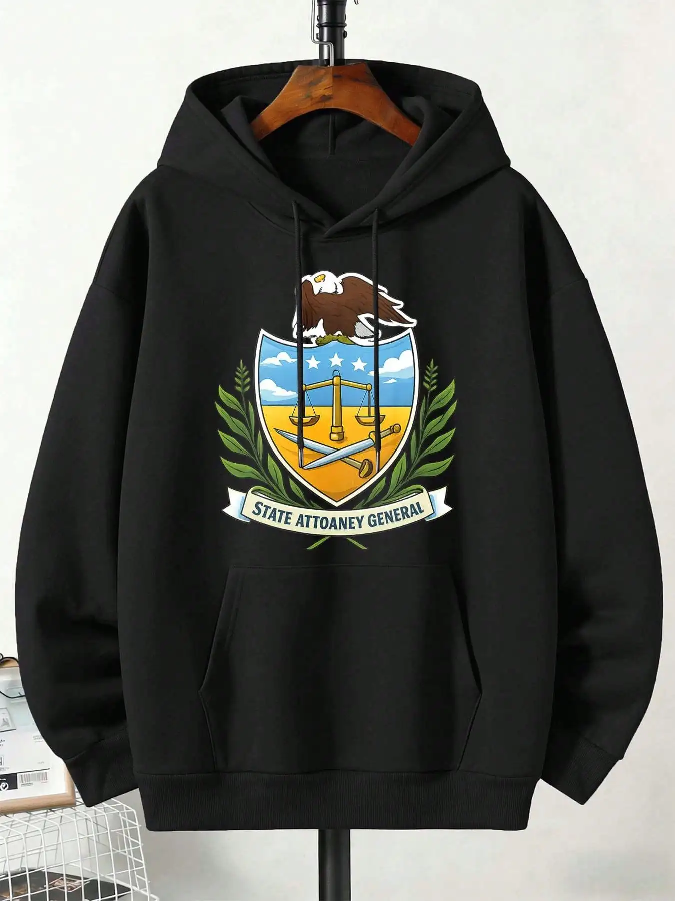 Men State Attorney General Eagle Shield Badge Graphic Hoodie Retro Justice Balance Streetwear Pullover Sweatshirt Autumn Winter Kangaroo Pocket Black Hooded Tops Unisex