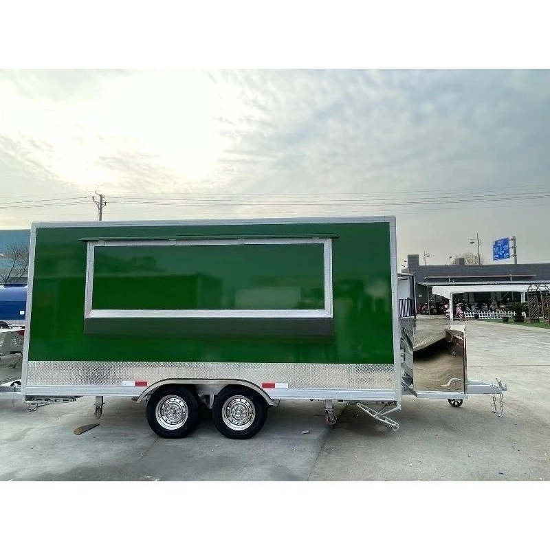 مقطورة طعام متنقلة للوجبات الخفيفة للبيع مطبخ كامل مع عربة متنقلة لتقديم الطعام والوجبات السريعة والبرجر هوت دوج بيتزا والقهوة