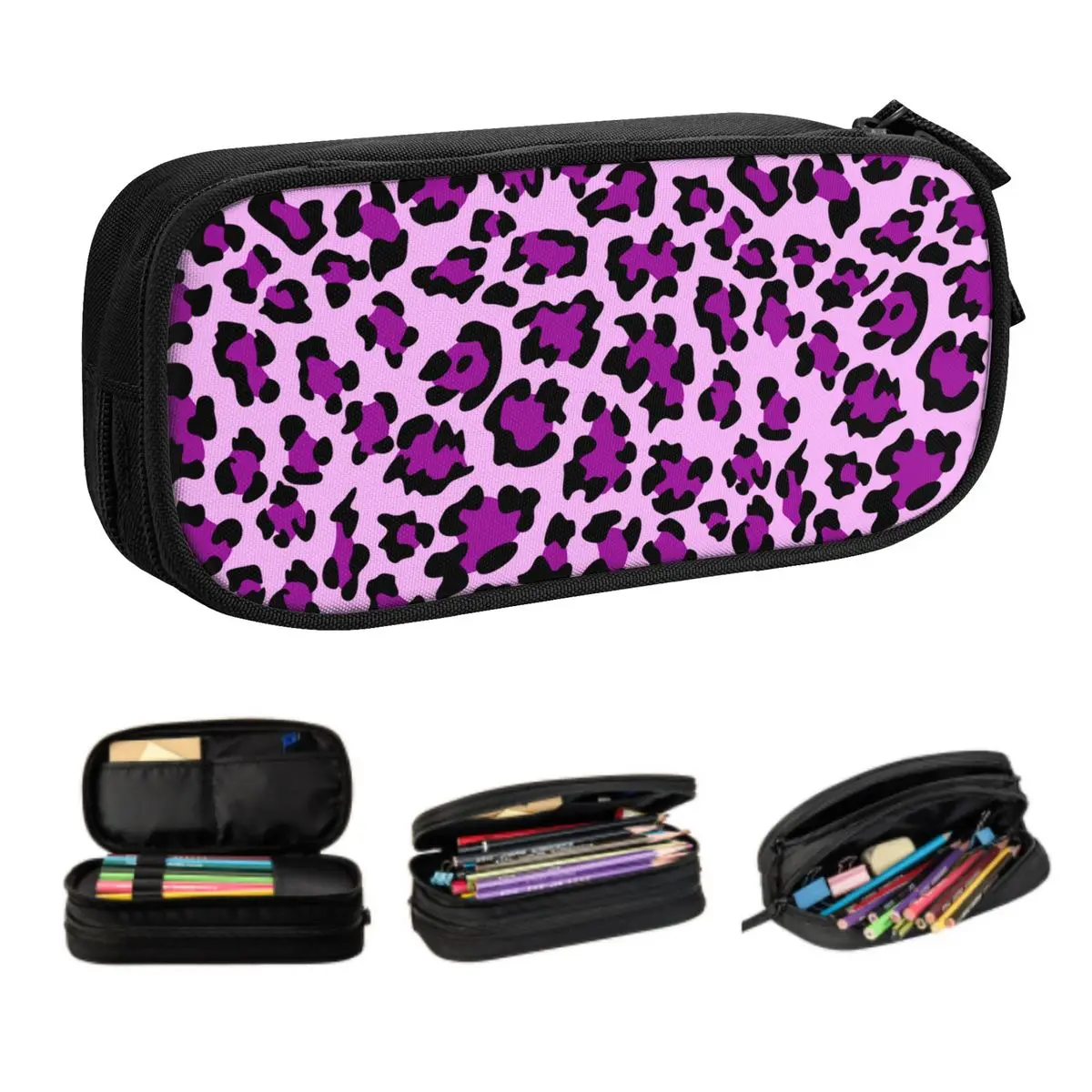 Cute Purple Leopard Print Korean Pencil Case Boys Gilrs Large Capacity Animal Seamless Pencil Pouch Students Stationery