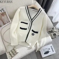 Floral Knitted Cardigan Women Sweater Autumn Korean Elegant Black White Love Button V-Neck Long Sleeve Knitwear Top Sueter Mujer