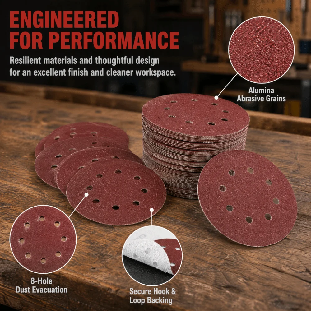 100pcs Alumina Polishing Sandpaper Discs 8 Holes Dust Extraction 5 Inch Diameter Round Sanding Discs 60 80 100 120 240 Grit