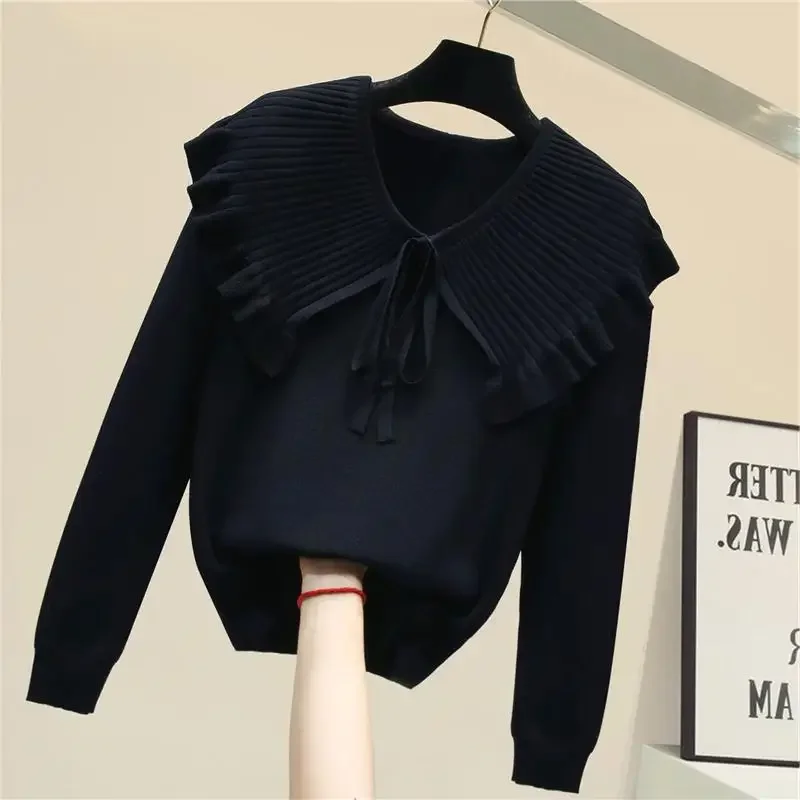 New Peter Pan Collar Knitted Pullovers Woman 2024 Long Sleeve Solid Soft Fall Sweater Lace Up Elegant Office Lady Jumpers