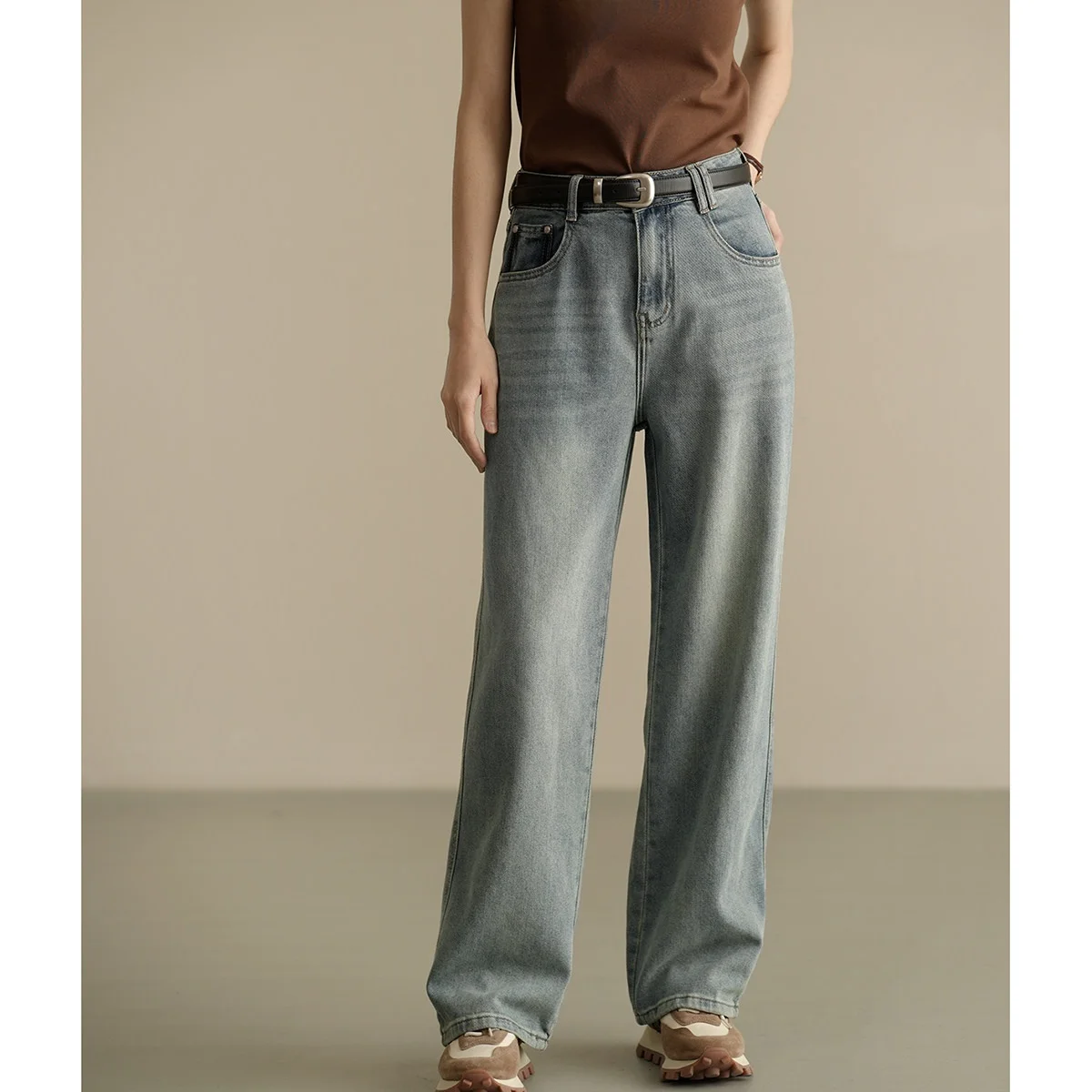 

Slimming High Waist Cotton Lyocell Denim Pants Straight Leg Waed Women's Spring New Sle mat Blue Jeans