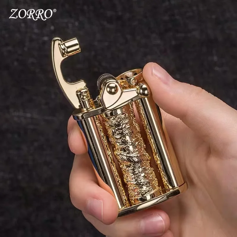 ZORRO Kerosenes Lighter for Men Creative Rocker Decompression Design Carved Rotating Dragon Column Personalized Gadget