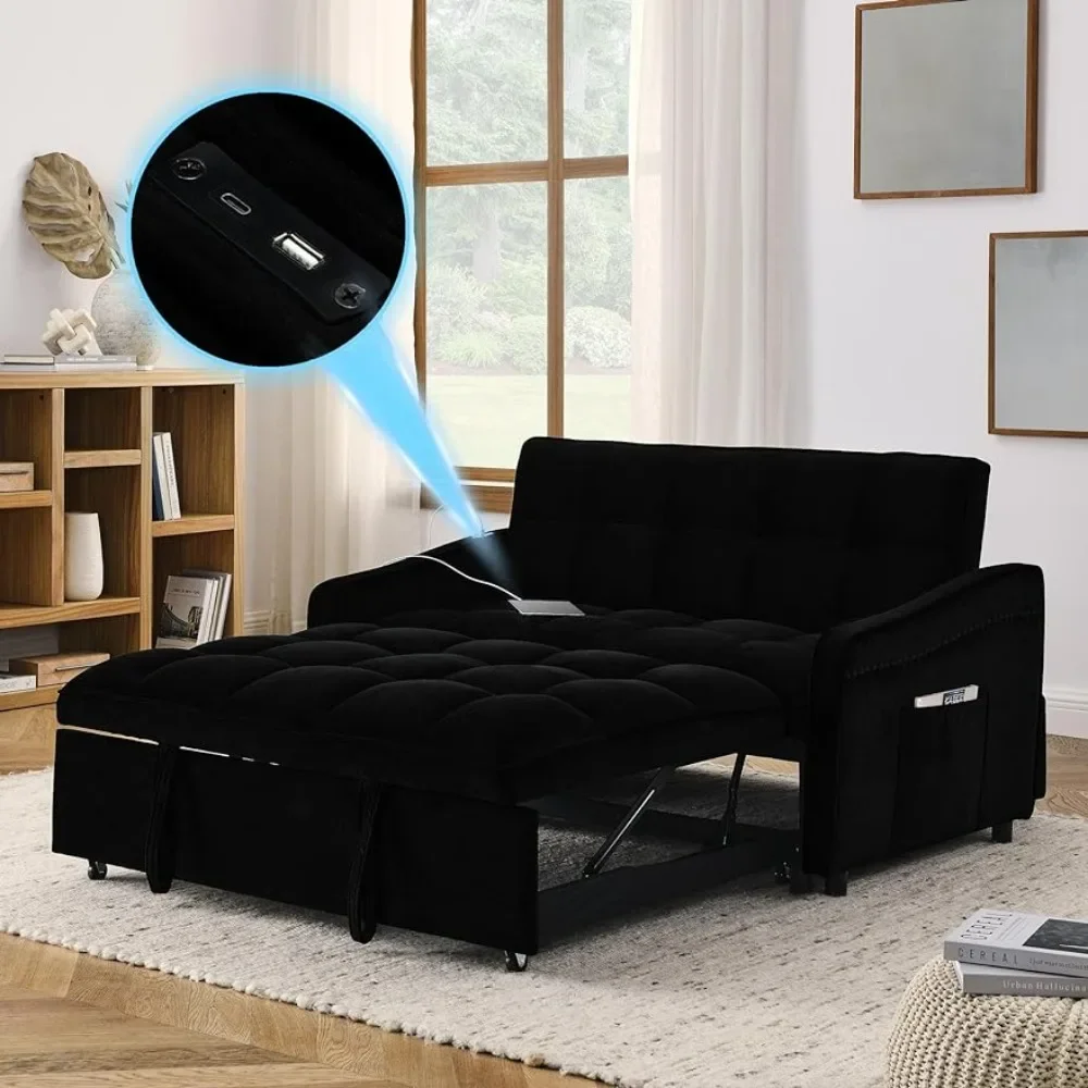 

Convertible Sleeping Sofa Bed, Adjustable Backrest, Arm Pockets, USB Charging, Copper Spikes, Black, Sofa Bed with Pull-out Bed