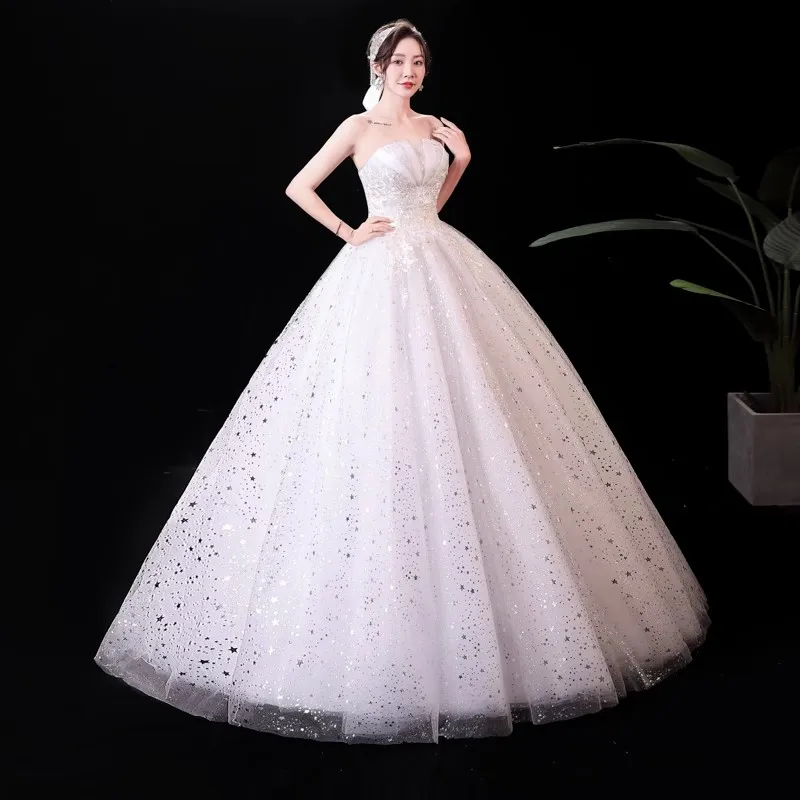 It's Yiiya Wedding Dresses White Bling Tulle Appliques Strapless Lace up Princess Floor-length Plus size Bride Ball Gowns XN053