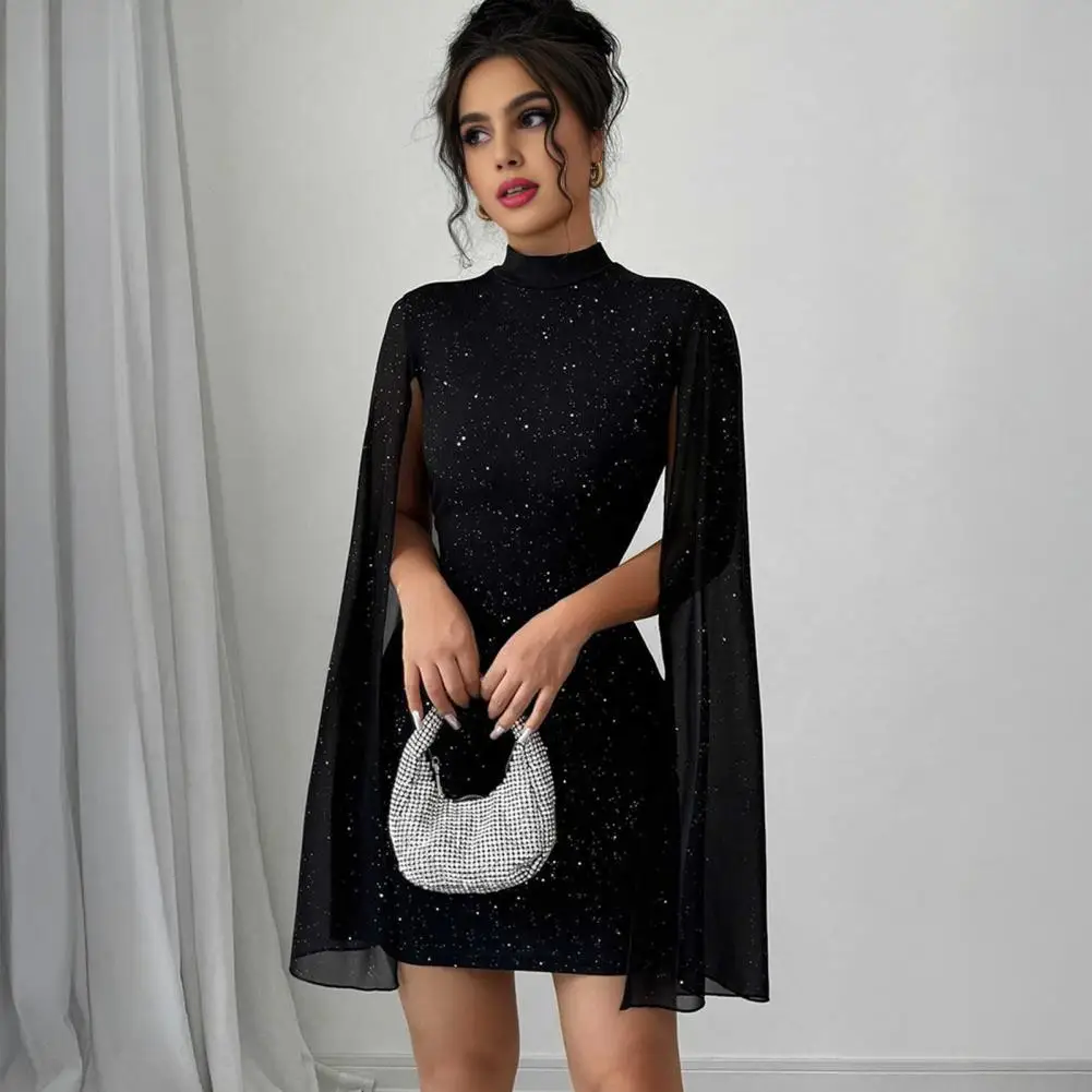 Office Slim Dress Women's Glitter Cloak Sleeve Mini Dress Sexy Mock Neck Cocktail Party Dress Going Out Wedding Guest Dresses