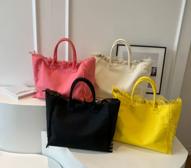 2026 New Solid Color Fringe Canvas Tote Bag, Large Capacity Letter Shoulder Bag for Women, Casual Commuter Single Shoulder Handb