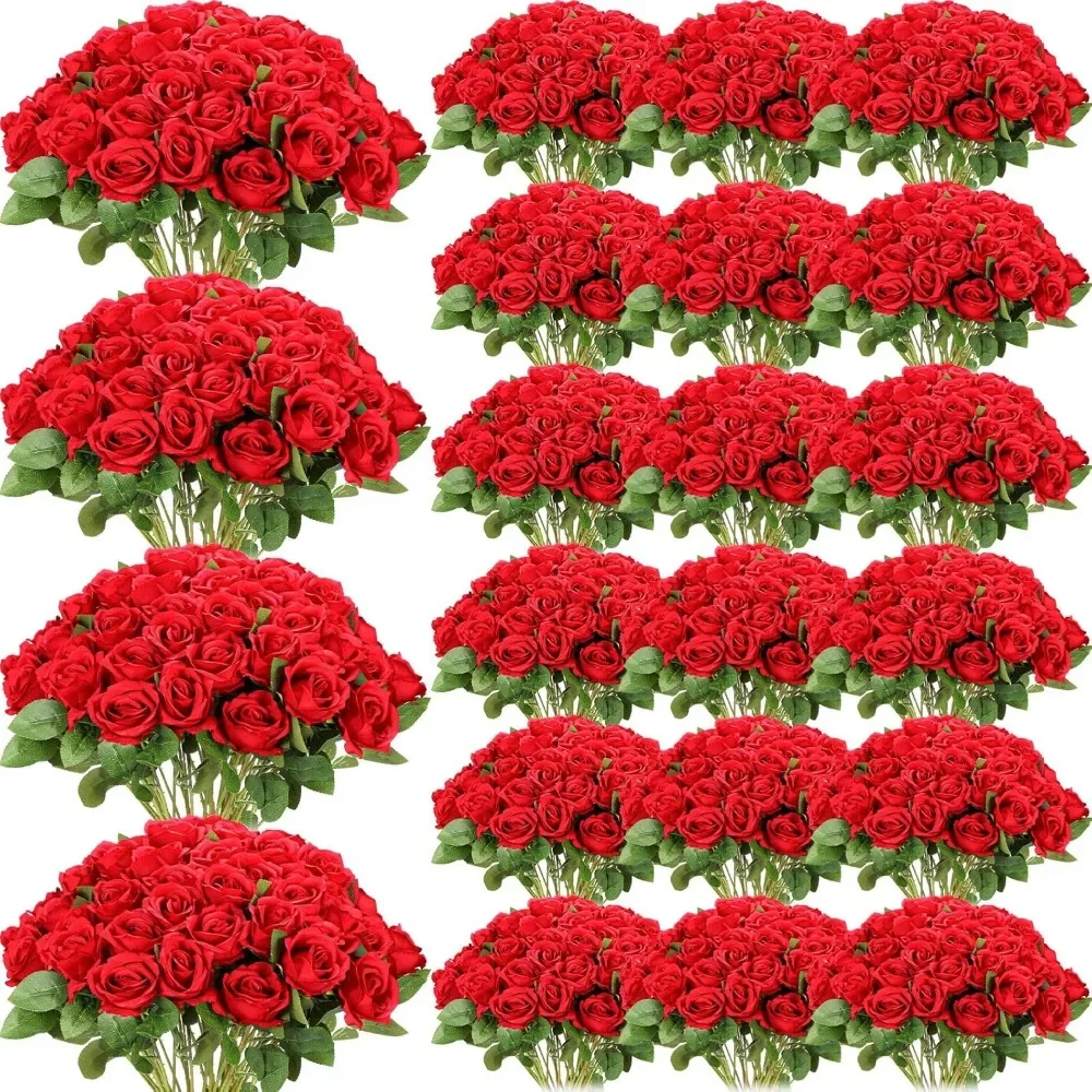 

500 Pcs Artificial Silk Roses Flowers with Long Stem Bridal Wedding Valentine's Day Bouquet Realistic Floral Bulks