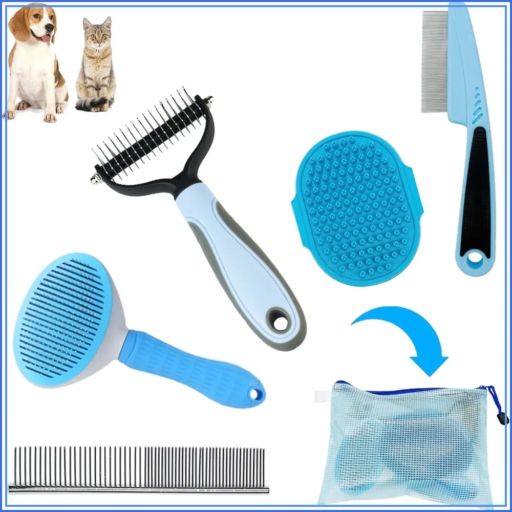 

Dog Grooming Kit 5PCS: Shedding Brush, Flea Comb, Slicker Brush & Hair Brush Set for Home or Travel, Blue