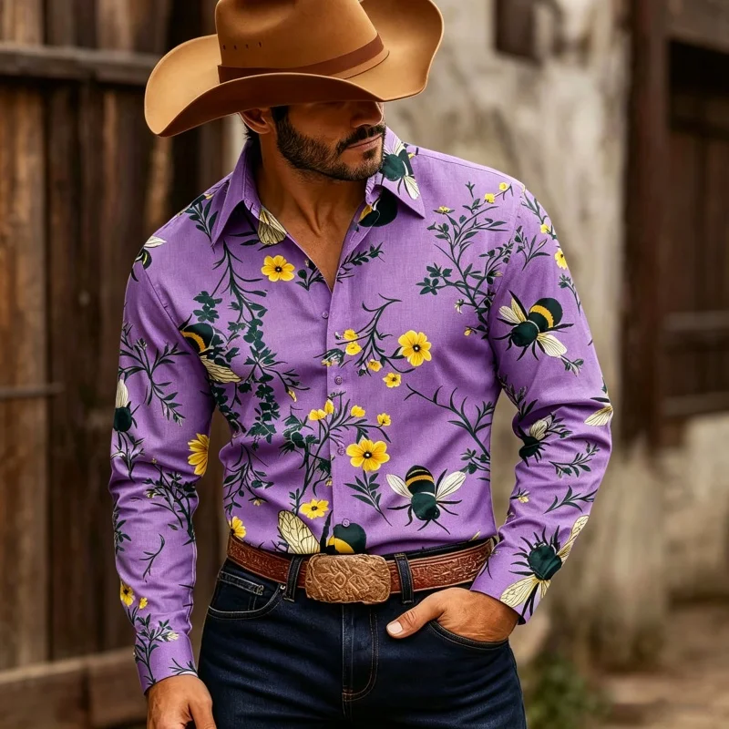 Men's Floral Print Long-Sleeve Shirt, Stylish Slim-Fit Button-Down Casual - view 2