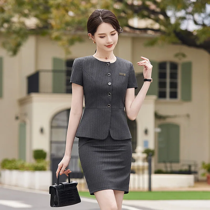 Summer Short Sleeve Women Business Suits OL Styles Office Ladies Formal Professional Work Wear with Skirt and Tops Career Set