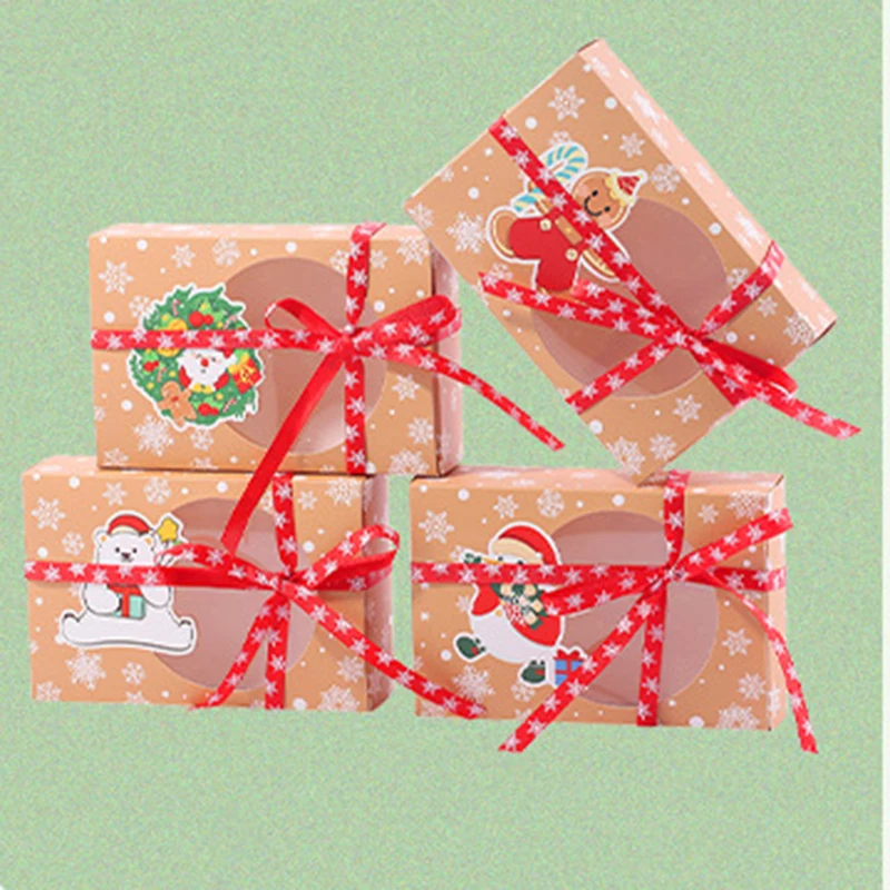 4/8Pcs Kraft Paper Christmas Cookie Candy Gift Box PVC Open Window Favor Gift Packaging Box With Santa Claus Tag Party Supplies