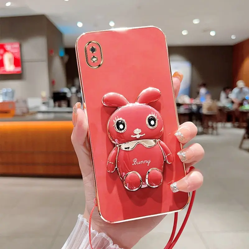 Phone Case For Samsung Galaxy A10 Luxury Plating Square Rabbit Holder With Landyard Phone Case Cover