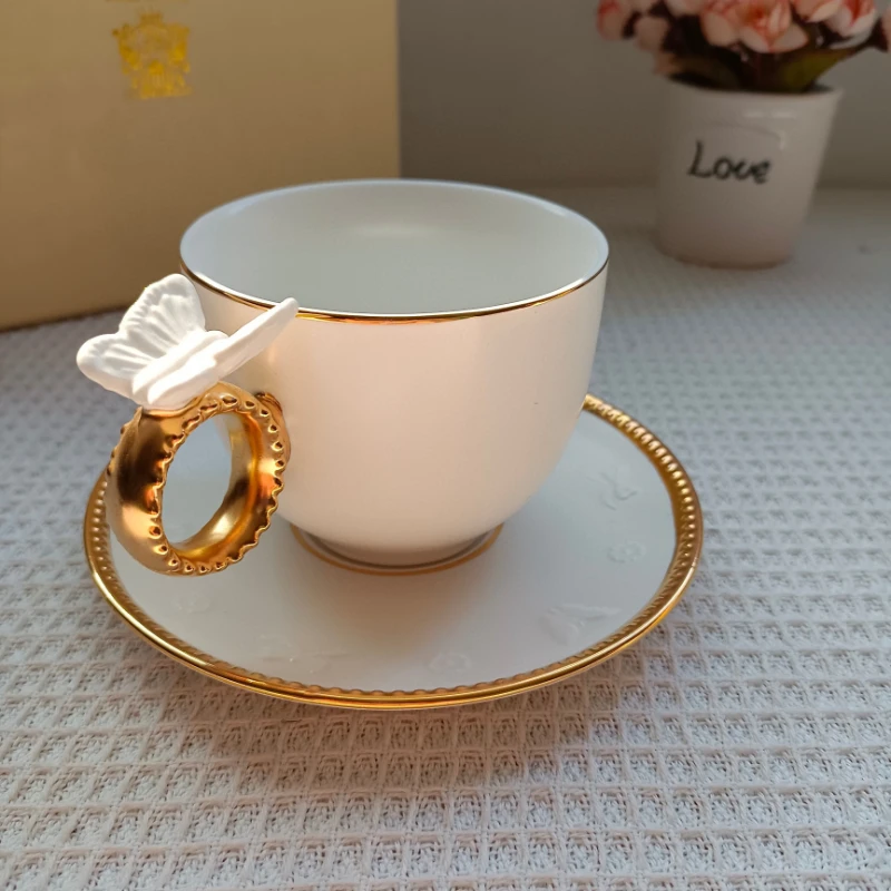 

European Style High-end White Embossed Golden Three-dimensional Butterfly 1 Pot 2 Cups Set Tea Pot Coffee Pot Coffee Cup Plate