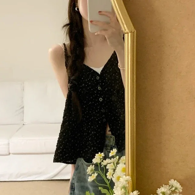 Floral Vest 2025 Women's Clothing Vintage V-neck Single Breasted Loose Tanks Ropa Mujer Korean Fashion Summer Sweet Tops 63f932