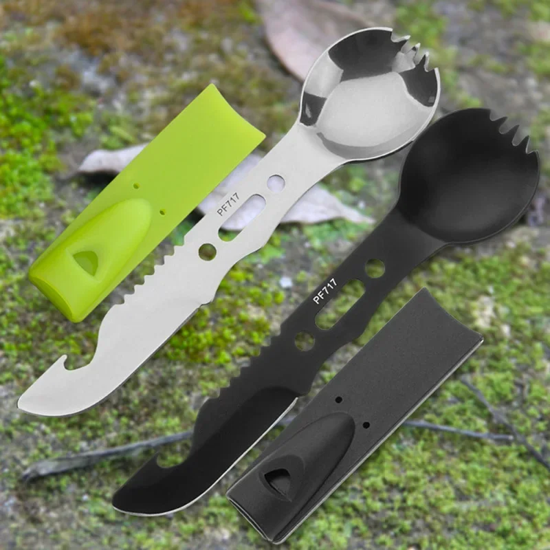 5 In 1 Outdoor Spoon Fork Knife Set Whistle Camping Survival Tool Hiking Hunting EDC Survival Multifunctional Tableware Utensil