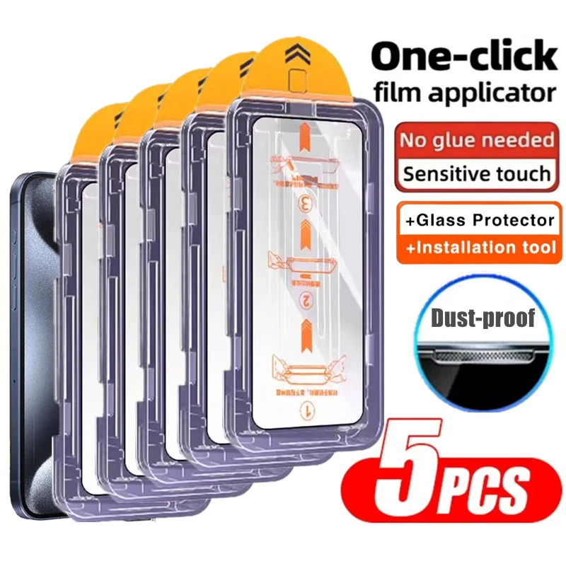 

5PCS Premium Tempered Glass For iPhone 17 16 15 14 13 12 11 Pro Max Plus XR XS One-click Dust free Installation Screen Protector