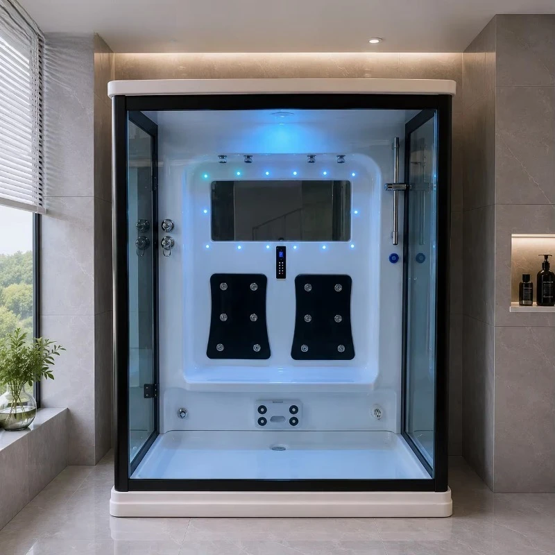 2-Person Hotels' Smart Control Panel 6Mm Tempered Glass Frame Polished Indoor Bathroom Steam Shower Cabin Square Sliding Open