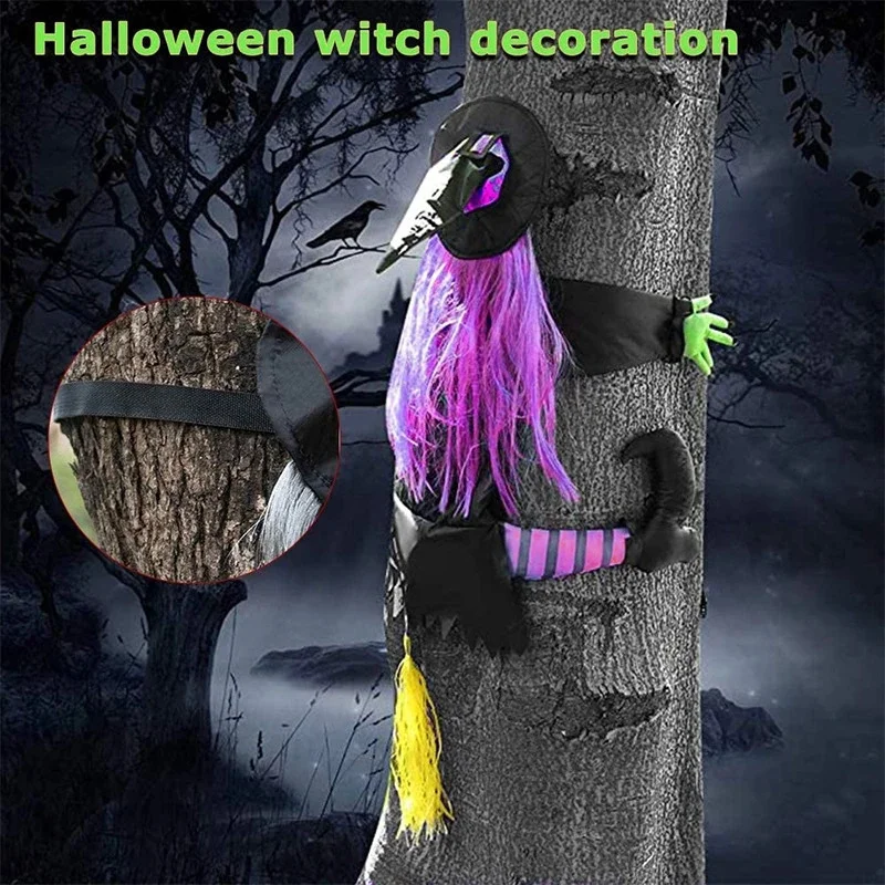 

Halloween Glow Witch Witch Crashing Into Tree Outdoor Decor Prop Haunted House, Spooky Holiday Party Garden Yard Wall Decoration