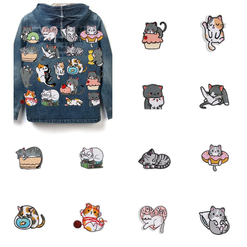 1pcs Patch Stickers Iron On Patches for Clothing Sewing Love Cat Embroidery Fusible Applique Badge Bag Decoration Stripes