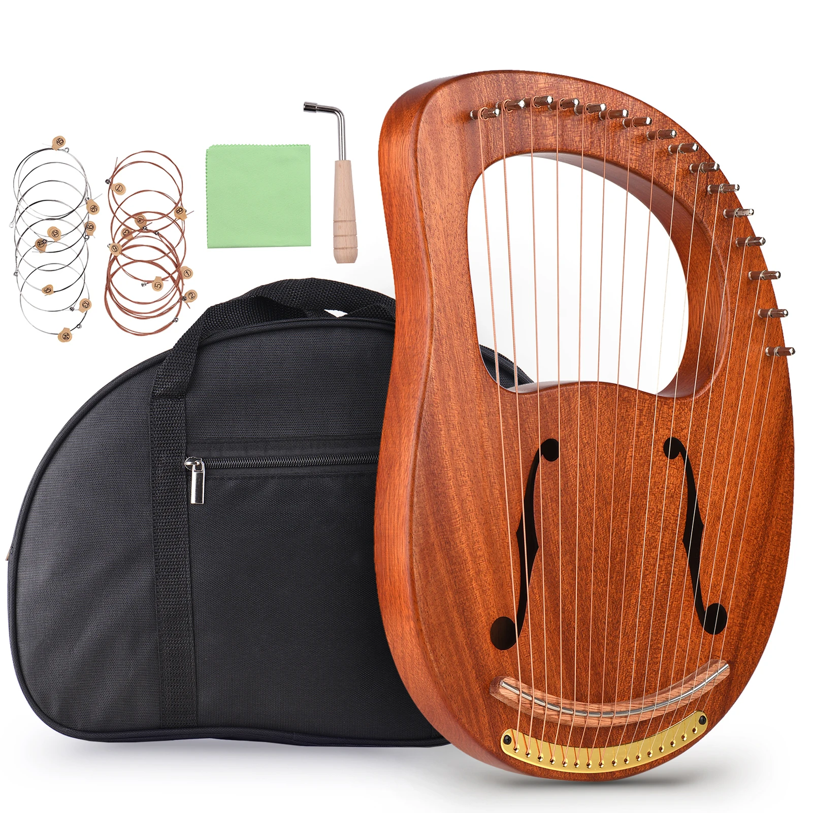 WH-16 16-String Wooden Lyre Harp Metal Strings Solid Wood String Instrument with Carry Bag Tuning Wrench Cleaning Spare Strings