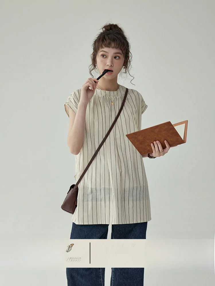 

Женская летняя майка AMUU North Island в японском стиле с полосками, свободного кроя, без рукавов, с круглым вырезом, 100% хлопок, короткий рукав