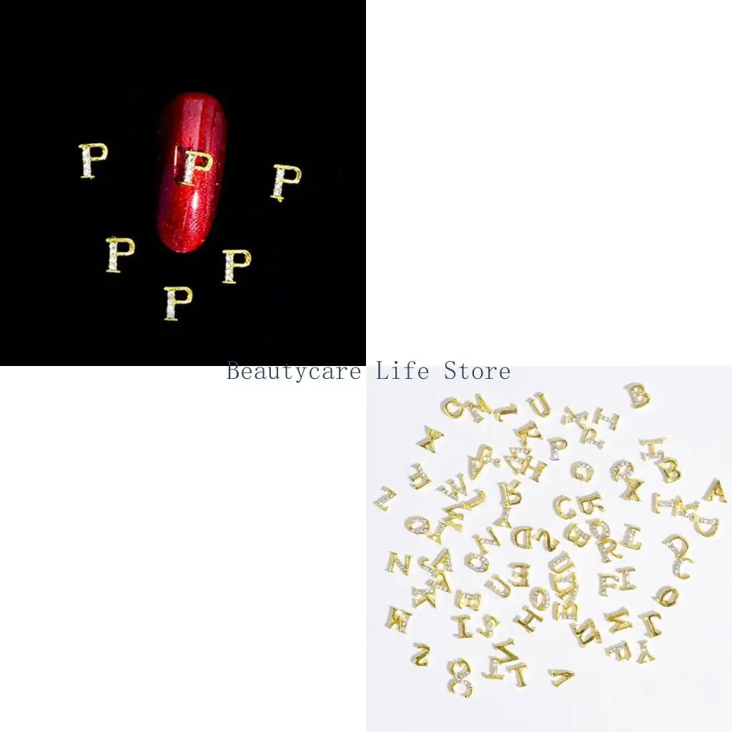

652C 3D Glitter 26 English Letters A-Z Luxury Gold Alloy Art for Rhinestone Charm Manicure DIY Decoration