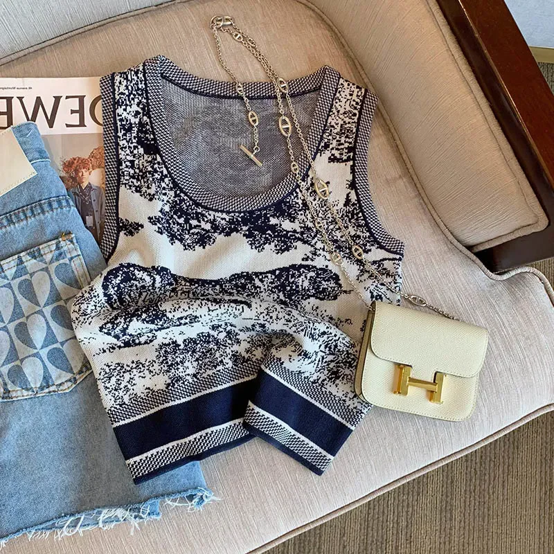 Unique Design Fashion Knitted Suspender Vest Women's New Retro Temperament Sleeveless Comfortable Printed Temperament ElegantTop