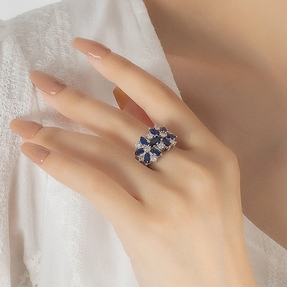 خاتم من الفضة الإسترليني عيار 925 فاخر على شكل زهرة مرصع بالياقوت الأزرق الزركون هدية للذكرى السنوية لحفلات أعياد الميلاد #5