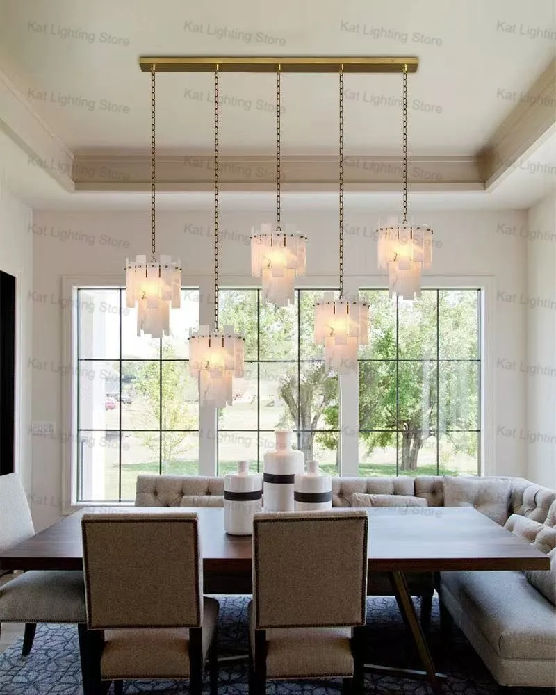 2025 مصباح قلادة من الرخام الأمريكي الفاخر للسقوف من الفولاذ المقاوم للصدأ والنحاس الأسود والفضي بريق مستدير قابل للتعتيم