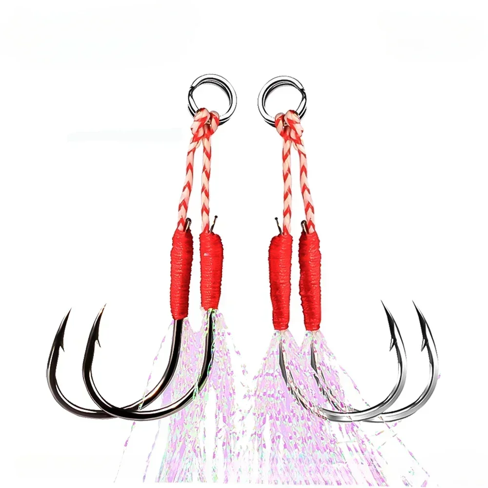 10pcs/lot Fishing Hook Jig Double PairHooks Barbed Thread Feather Accessories Pesca High Carbon Steel Fishing Lure Slow Jigging