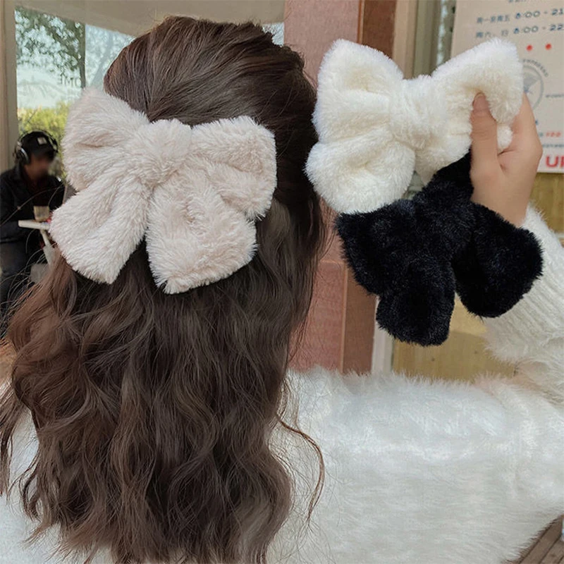 Autumn Winter Cute Plush Bowknot Hairpin Furry Bow Hair Clips Large Barrette For Women Girls Hair Accessories