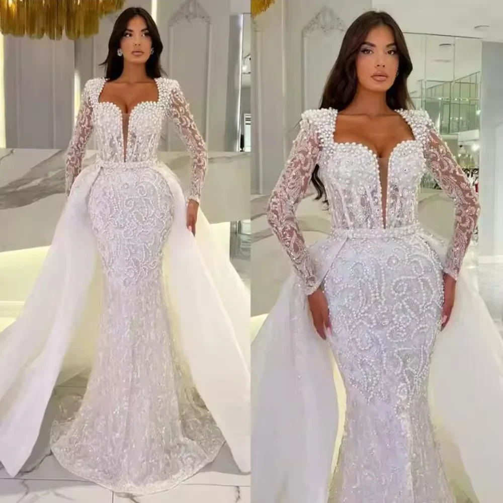 On Zhu Customized Sequins Mermaid Wedding Dresses Detachable Train Middle East Long Sleeves Formal Bridal vestidos de novia 2025