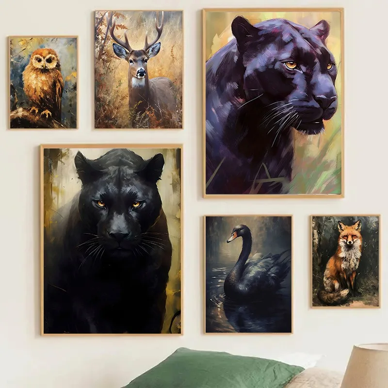 Vintage Wild Animal Black Panther Swan Owl Deer Canvas Poster Modern Retro Art Painting Picture Wall Living Room Home Decor Gift