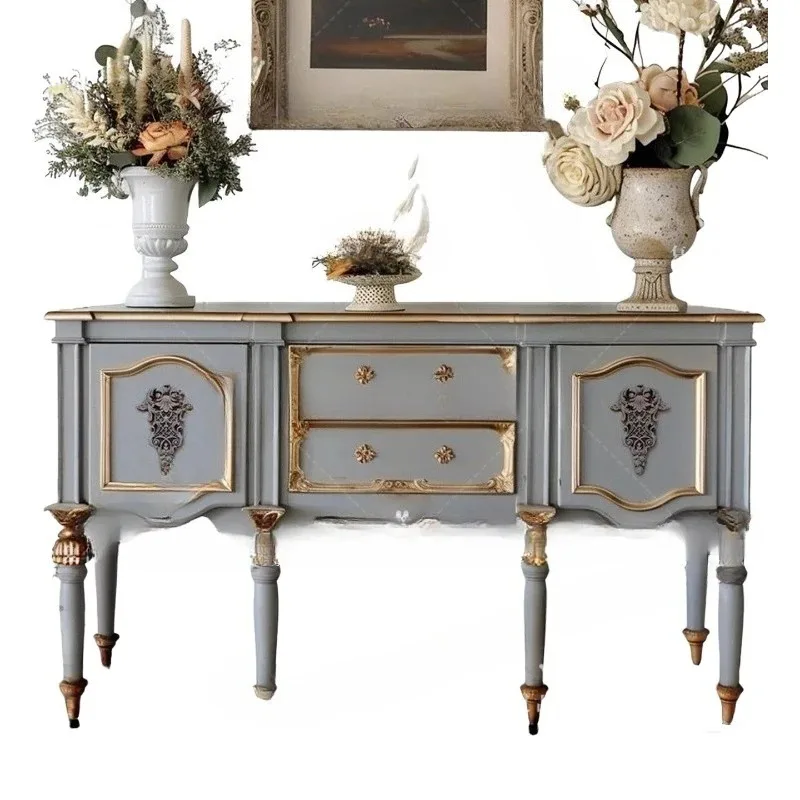 Retro solid wood carving flower entrance cabinet small apartment living room decoration cabinet