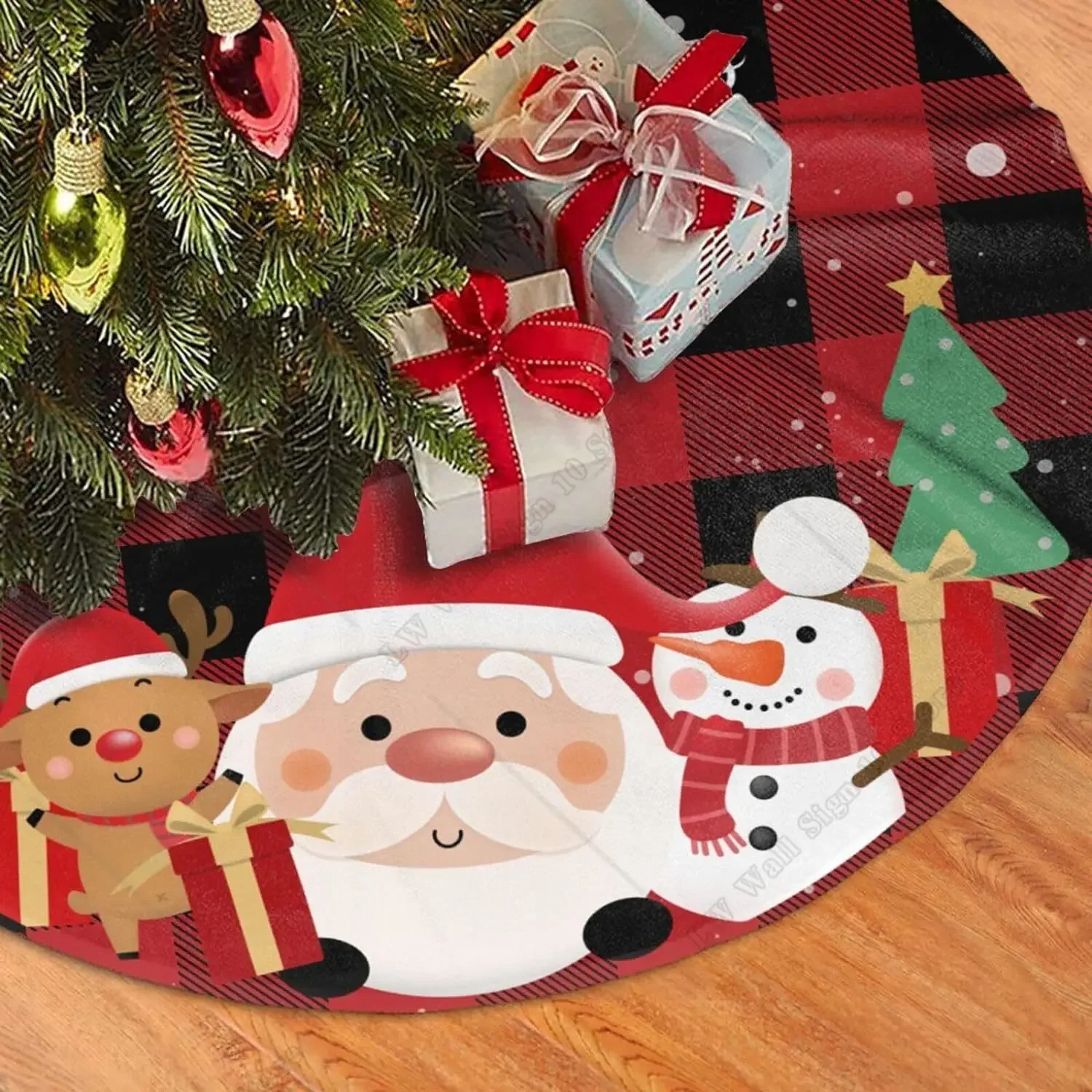 Buffalo Plaid Santa Claus Deer Snowman Christmas Tree Skirt Xmas Cozy Tree Mat for Christmas Home Decorations Holiday Ornaments