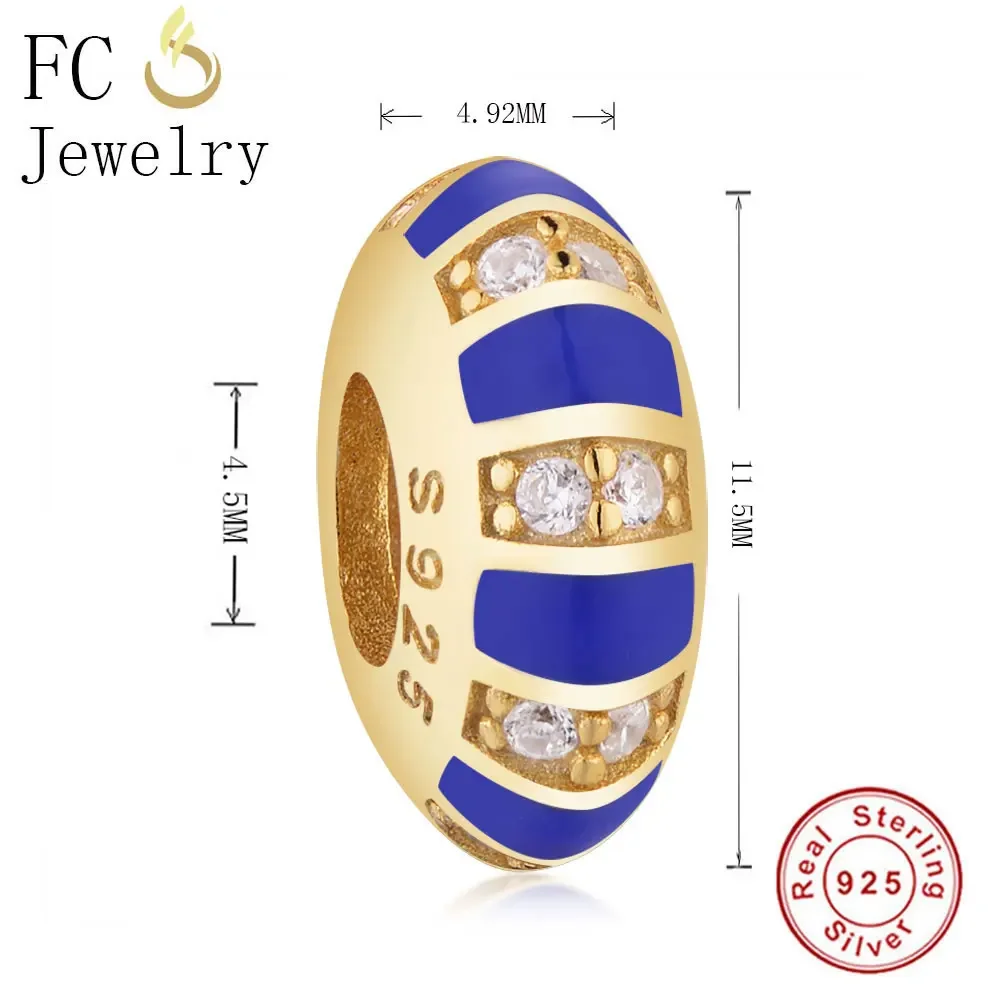 Fc jóias caber marca original encantos pulseira 925 prata esterlina azul cor do ouro pedra exótica cz espaçador grânulo fazendo berloque