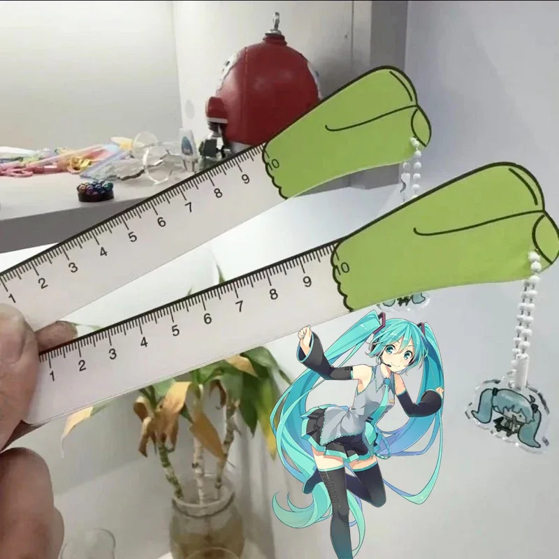 Regla recta para estudiantes Hatsune Miku de 10cm, cebollino Kawaii, reglas colgantes de dibujos animados de Anime japonés, suministros de papelería, regalo para amigos