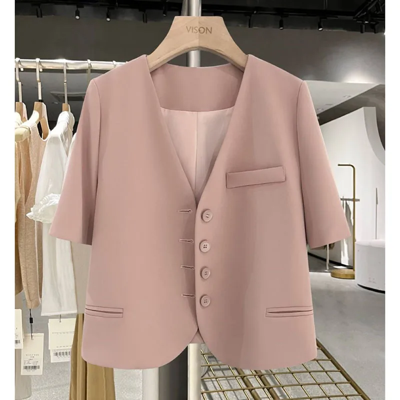 สีชมพูเล็กๆบางเสื้อสูทหญิง 2025 ฤดูร้อนใหม่Outwearแขนสั้นแฟชั่นBlazer Coat Joker Temperamentแจ็คเก็ตผู้หญิงเสื้อ