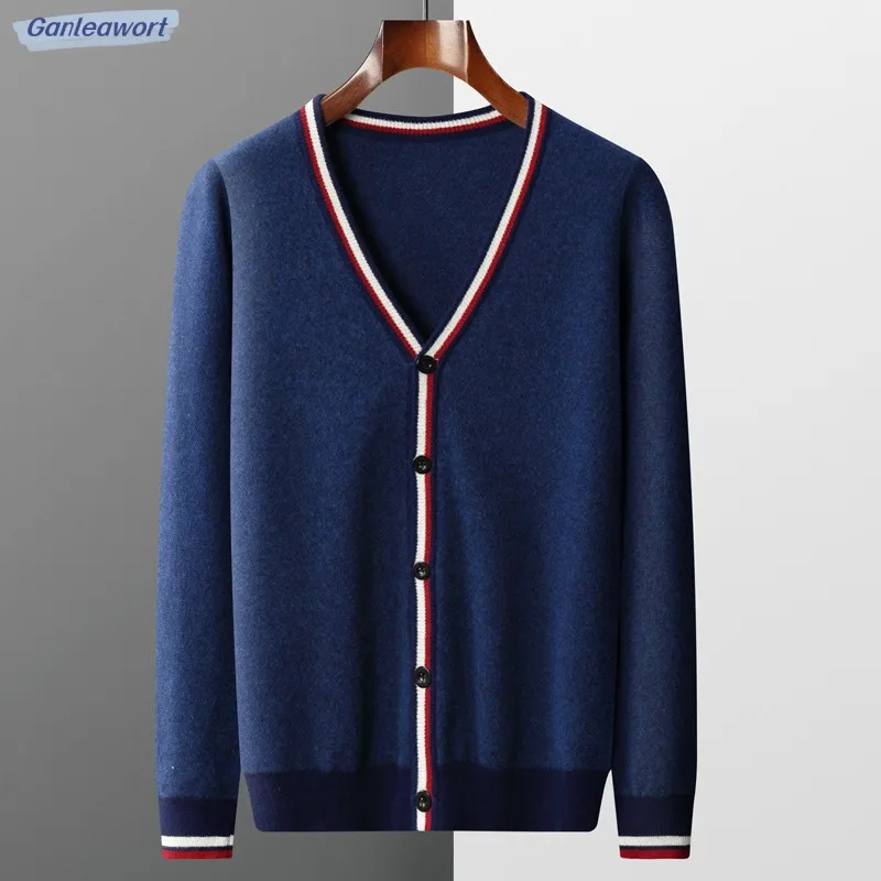 Spring Autumn Men's Cardigan 100 Pure Wool Vneck Long Sleeve Color Matching Loose Large Size Sweater Knitted Coat Korean Version