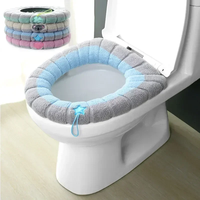 Cubierta de asiento de inodoro cálida para invierno, alfombrilla para baño, cojín con asa, más grueso, suave, lavable, accesorios más cálidos