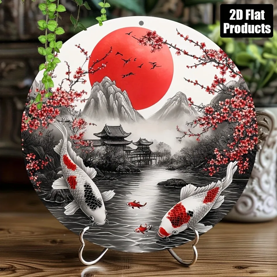 Vintage Koi Metal Wall Decor 8x8 Inch, 2D Flat Print Aluminum Sign for Home Bar Kitchen Office Room Christmas Party Gift
