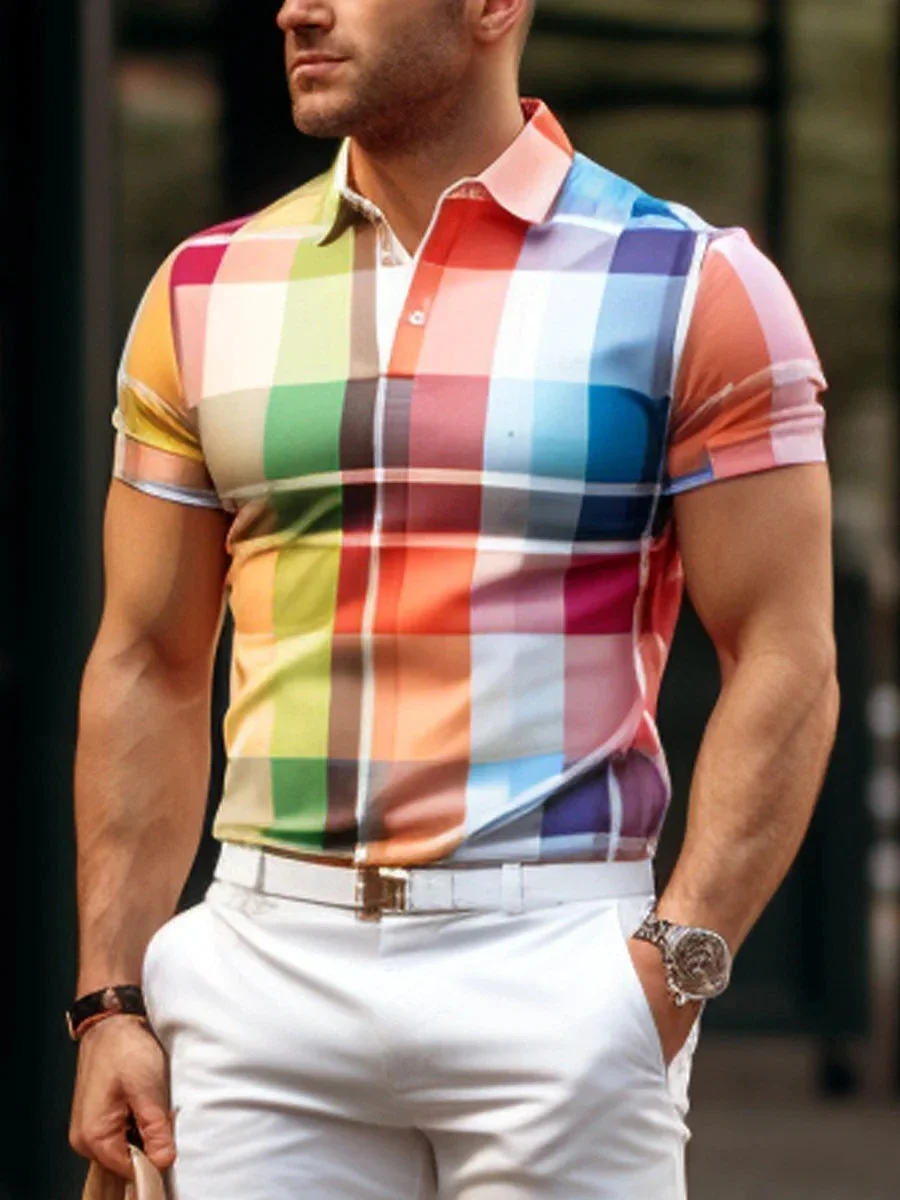 

Men's Rainbow Plaid Polo Shirt 3D Printed Polo Shirt Casual Collar Regular Fit Polo Shirt