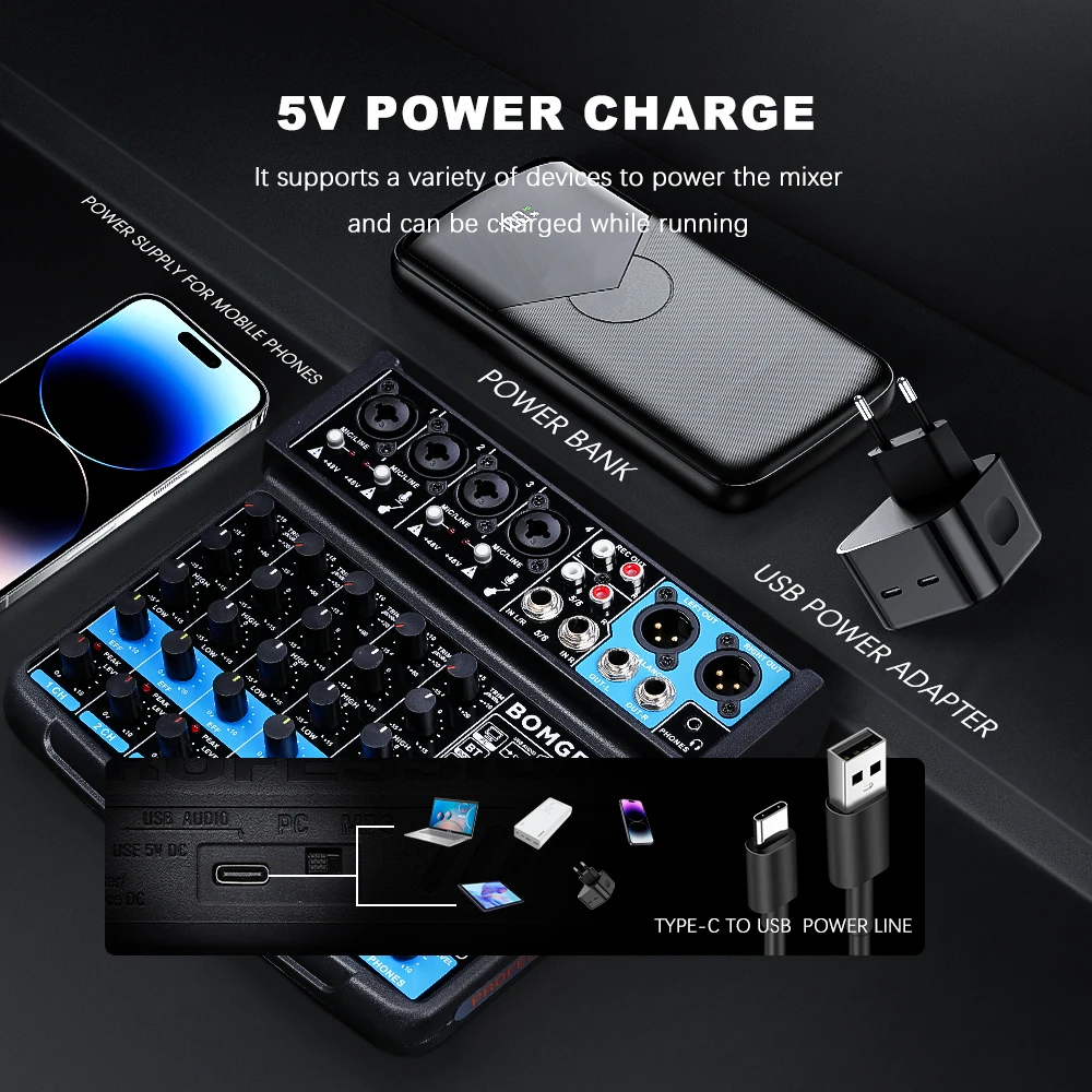 BOMGE 6 Channel 99 DSP Mini DJ Audio Sound Mixer Interface with MP3 USB Bluetooth Stereo Recording 48V Phantom Power for Karaoke