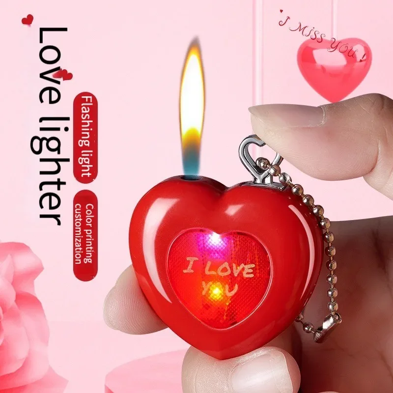 Wholesale Love Inflatable Open Flame Lighter Key Chain Pendant Fire Personality Flash Gift Lighter