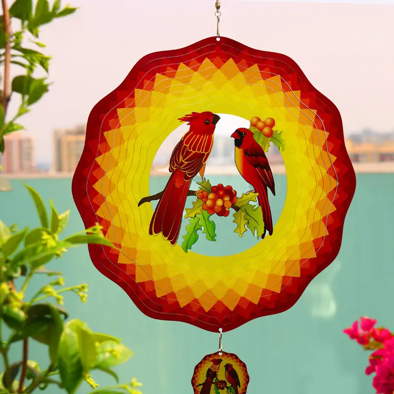 Red Bird Wind Spinner Garden Hanging Ornament 3D Metal Sculpture Kinetic Rotating Wind Chime Outdoor Yard Art Decoration Gifts