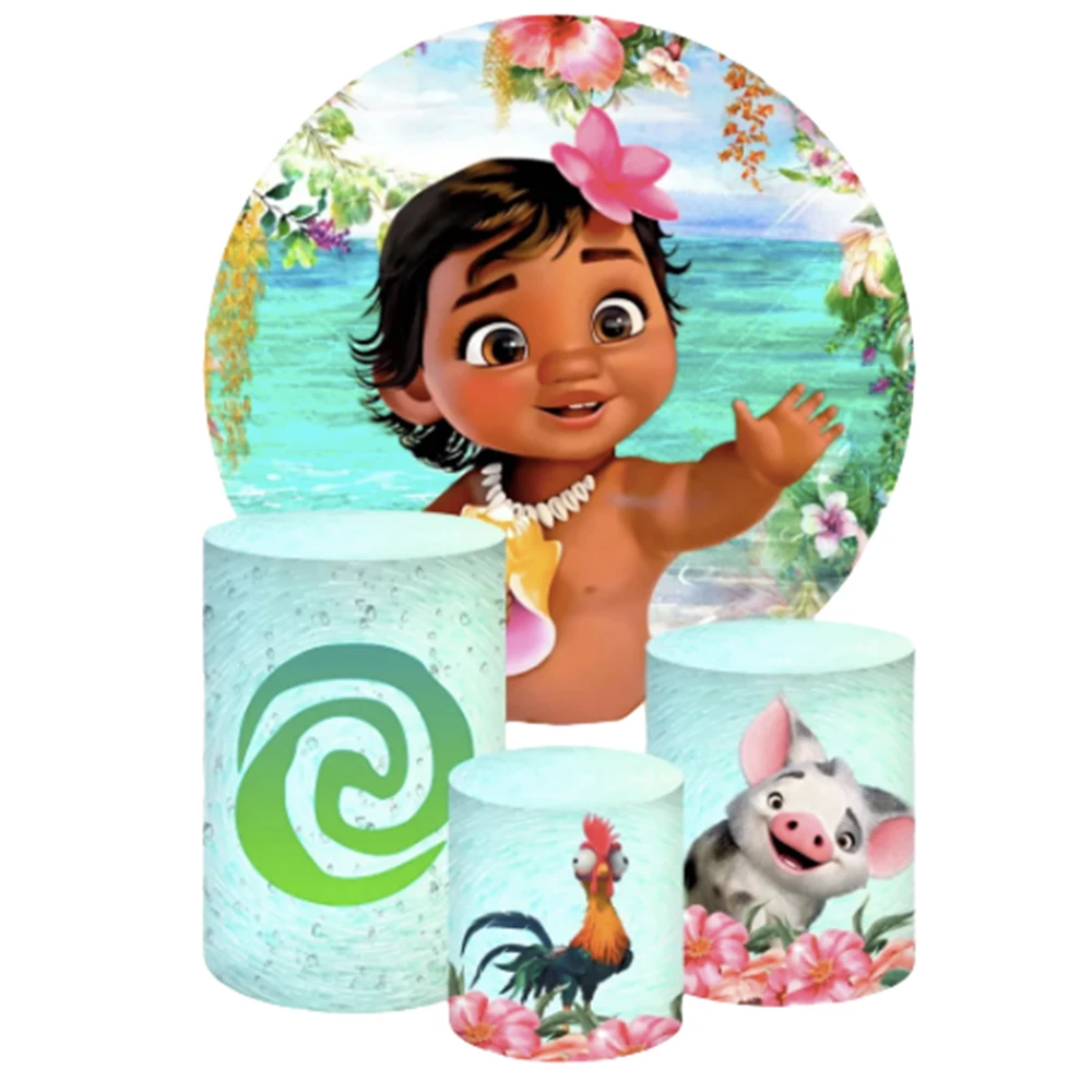 Baby Moana Ocean Round Backdrop 3 Cylinder Covers Background Photography Baby Shower Princess Girl Birthday Party Decoration