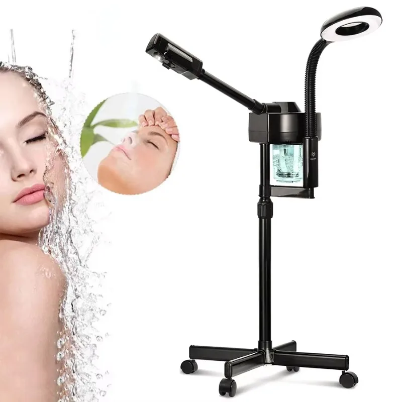 Professional Black 2 in 1 Hot Mist Facial Steamer Machine with 5X Magnifying Lamp Ozone Deep Cleansing for Salon Spa Face Care