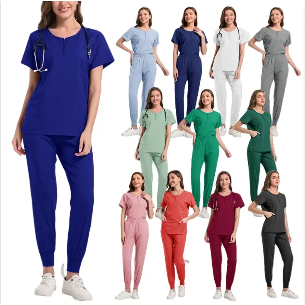 Surgical Set Women Pet Hospital Scrub Uniforms Suits Unisex Solid Color Surgical Gown Pocket V-neck Jogger Suits